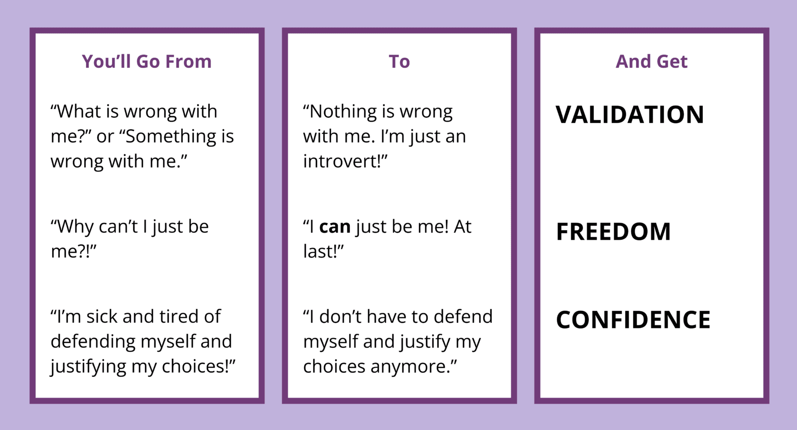 Concrete, tangible results of the "Beat the Introvert Shame Phenomenon" coaching package.