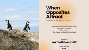 When Opposites Attract—How Not to Repel Each Other! Moorhead Community Education class, Wednesday, January 15, 7:00 to 8:30 pm, Vista Center for Education, Moorhead.
